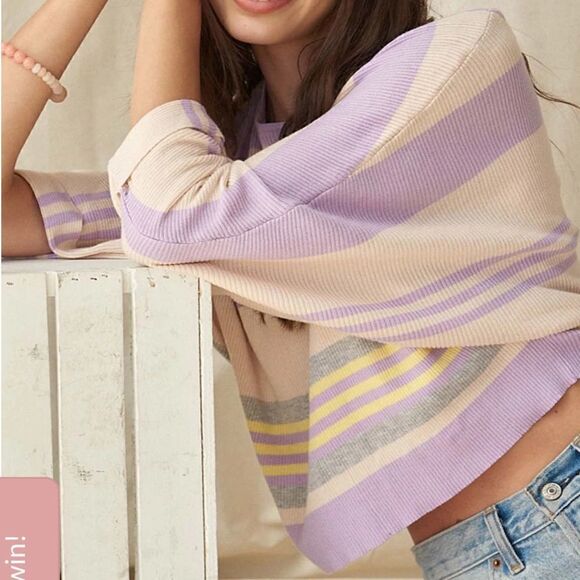 Set of 2 Promesa Borderline Striped Rib-Knit Cropped Sweater & Q2 Lavender Knit - Picture 3 of 12